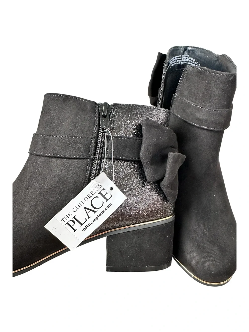 THE CHILDREN’S PLACE Girls Black Suede Glitter Gold Trim Bow Boots Size 6 NWT